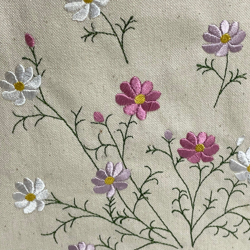 11号帆布二枚仕立て コスモス刺繍 革持ち手のトートバッグ トート