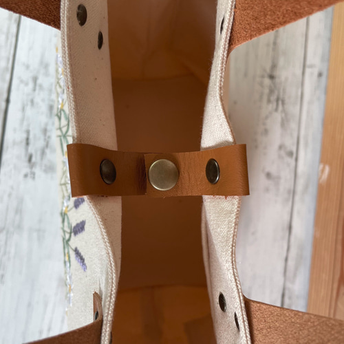 11号帆布二枚仕立て コスモス刺繍 革持ち手のトートバッグ トート