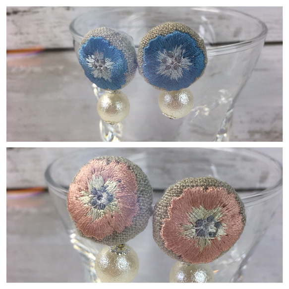 リネン  ２ウェイ刺繍ピアス　　ポピーの花+パールビーズ 1枚目の画像