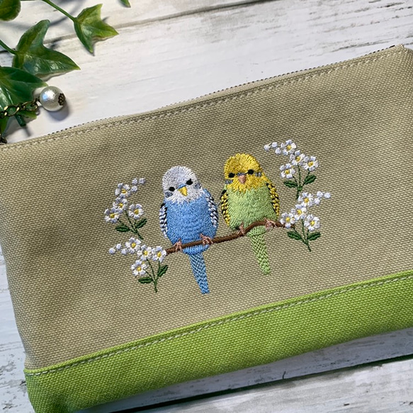 大きめマルチポーチ セキセイインコ二羽 8号バイオウォッシュ帆布