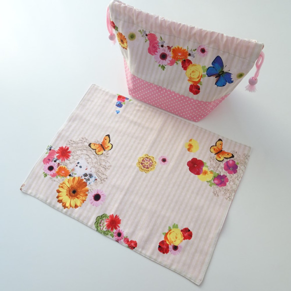 花と蝶×ピンクドットのお弁当袋&ランチョンマット 2枚目の画像