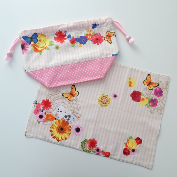 花と蝶×ピンクドットのお弁当袋&ランチョンマット 3枚目の画像