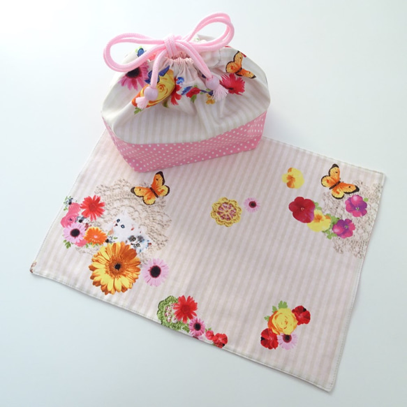 花と蝶×ピンクドットのお弁当袋&ランチョンマット 5枚目の画像