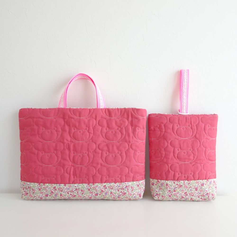 くまステッチPink×花柄×レース付き持ち手の2点セット