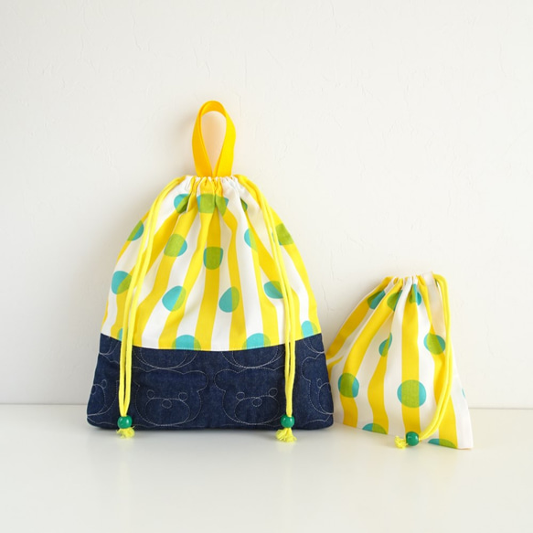 《Yellow Stripe》ストライプドット×くまステッチデニム☆2点セット～お着替え袋とコップ入れ 1枚目の画像