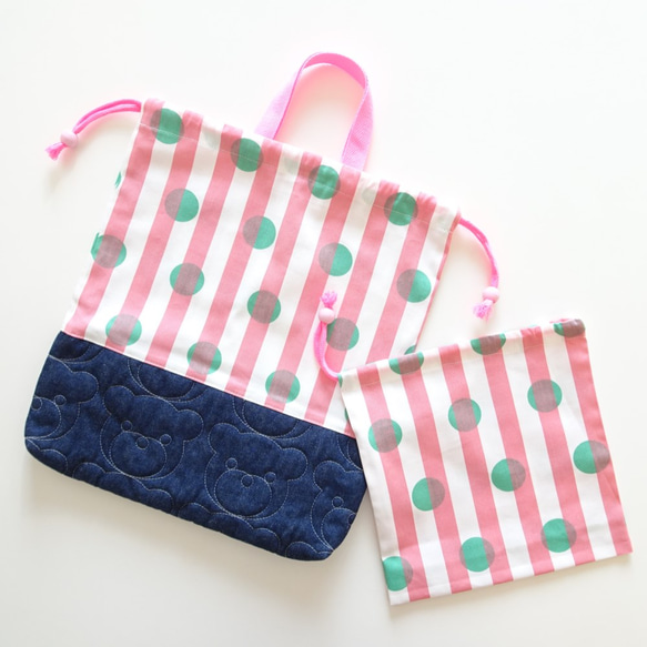 《Pink Stripe》ストライプドット×くまステッチデニム☆2点セット～お着替え袋とコップ入れ 2枚目の画像