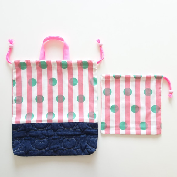 《Pink Stripe》ストライプドット×くまステッチデニム☆2点セット～お着替え袋とコップ入れ 3枚目の画像