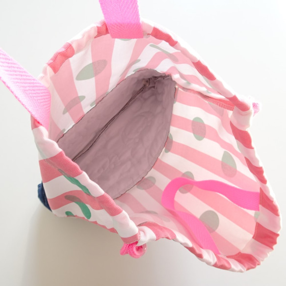 《Pink Stripe》ストライプドット×くまステッチデニム☆2点セット～お着替え袋とコップ入れ 4枚目の画像