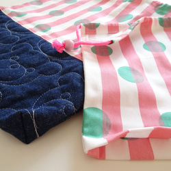 《Pink Stripe》ストライプドット×くまステッチデニム☆2点セット～お着替え袋とコップ入れ 5枚目の画像