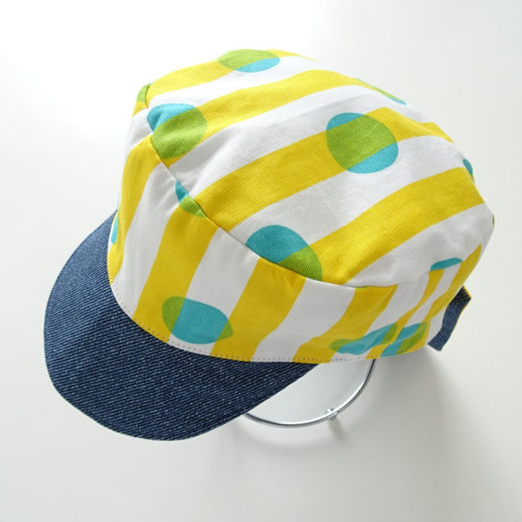 《Yellow Stripeドット×デニムのキャップ帽》選べるサイズ・日よけ 46～56サイズ 2枚目の画像