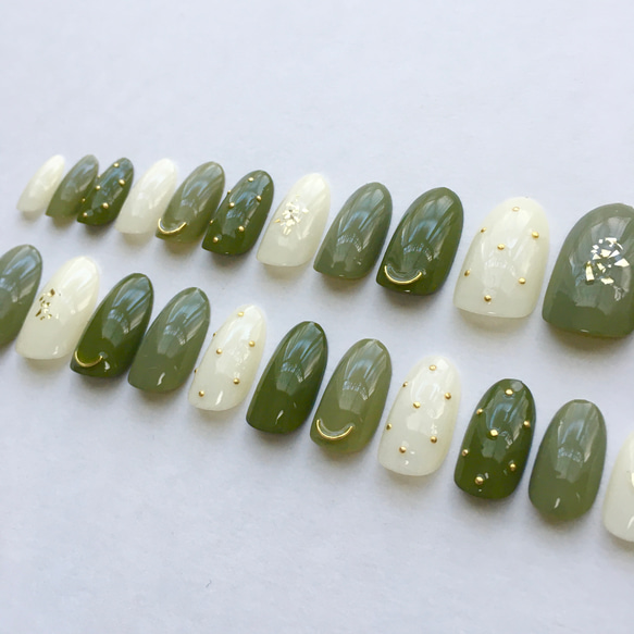送料無料】サイズ測定不要ネイルチップ24枚セット/カーキ/緑/グリーン