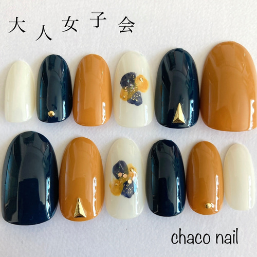 送料無料】ネイルチップ/付け爪/マスタードイエロー/ネイビー/シンプル