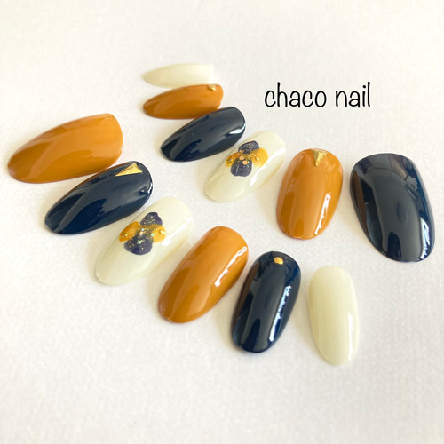 送料無料】ネイルチップ/付け爪/マスタードイエロー/ネイビー/シンプル