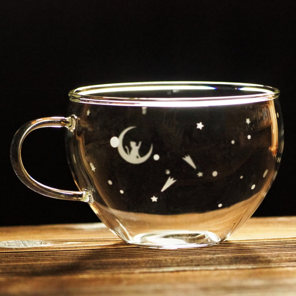 月と猫 ガラス ティーカップ ソーサー 付き 300ml 4枚目の画像