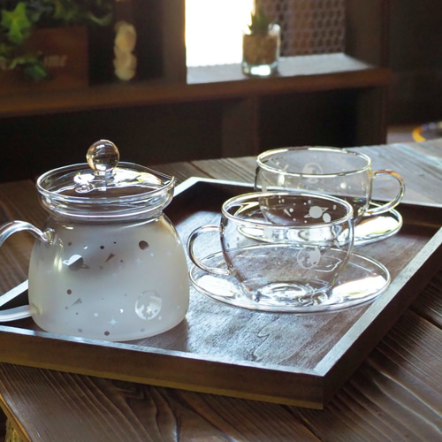 ティーセット3点】宇宙 ホワイト ガラス ティーカップ＆ソーサー2個＋