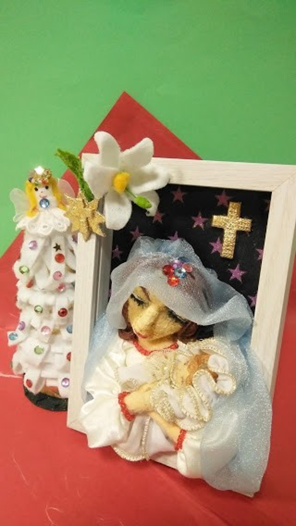 『聖母子像』額縁人形　クリスマスプレゼント　聖夜　生誕　天使ツリー　星　十字架　フェルト　　　　　　 3枚目の画像