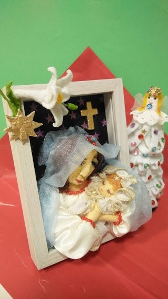 『聖母子像』額縁人形　クリスマスプレゼント　聖夜　生誕　天使ツリー　星　十字架　フェルト　　　　　　 9枚目の画像