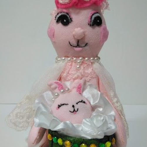 ピンクウサギの親子』祝誕生 赤ちゃん プレゼント 創作人形 うさぎ