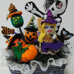 『ハロウィン盛り籠』魔女人形　カラオケ　魔法　ハロウィン　スカル　黒猫　カボチャ　案山子　パーティー　プレゼント　 7枚目の画像