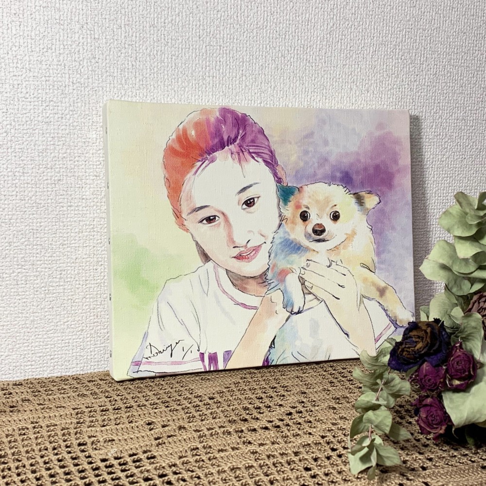 お子様（大人）とペットちゃんの似顔絵をやさしい水彩風タッチ（デジタル）でお描きします。