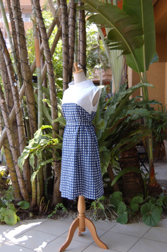 （M）藍色方格格紋兩色卷狀彩色度假前褶Dress連衣裙 第4張的照片