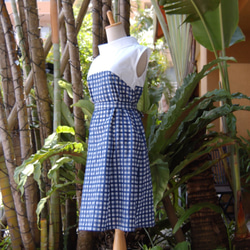 （M）藍色方格格紋兩色卷狀彩色度假前褶Dress連衣裙 第5張的照片