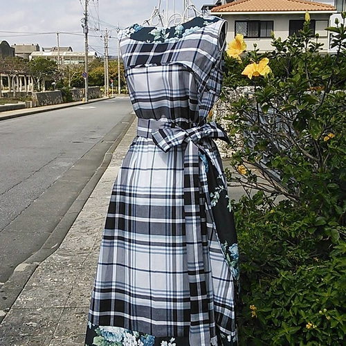 クラシカルワンピース】バーバリー調チェック×ブルーローズ 切り替え