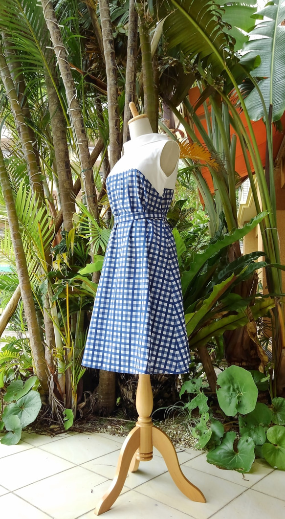 （M）Blue Gingham Check Two Roll Color Resort Resort棉質連衣裙 第1張的照片