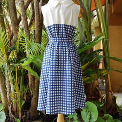 （M）Blue Gingham Check Two Roll Color Resort Resort棉質連衣裙 第2張的照片