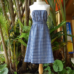 （M）Blue Gingham Check Two Roll Color Resort Resort棉質連衣裙 第5張的照片