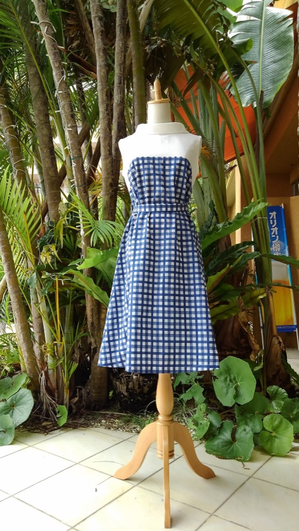 （M）Blue Gingham Check Two Roll Color Resort Resort棉質連衣裙 第5張的照片