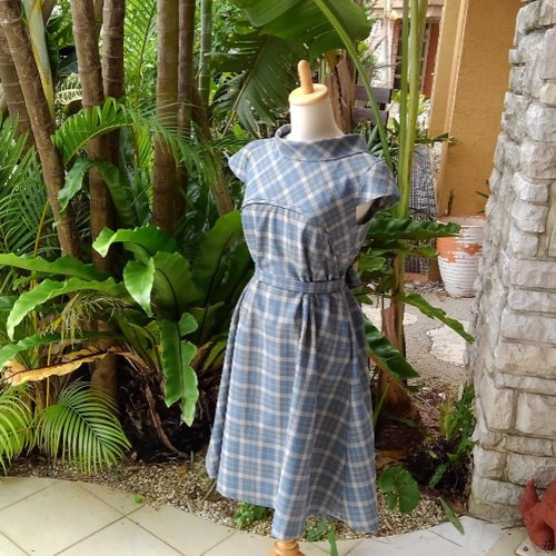 ヴィンテージ　コットン　エクリュ くすみブルー　ワンピース　ドレス　赤毛のアン ヴィンテージ コットン エクリュ くすみブルー ワンピース