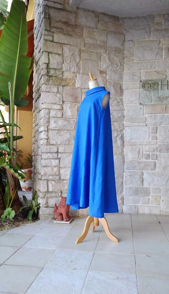 Linen Resort Long Dress Roll Color Classic Dress Royal Ocean Blu 第3張的照片