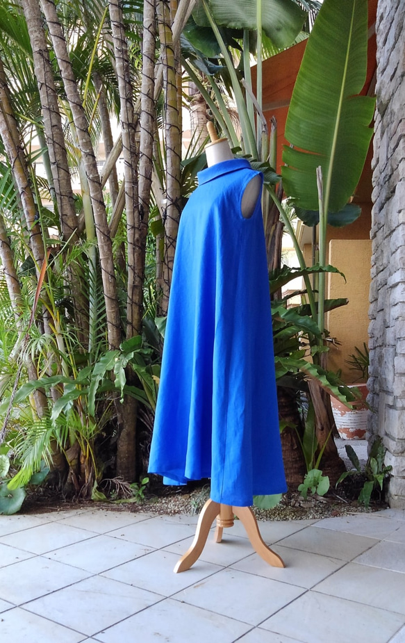 Linen Resort Long Dress Roll Color Classic Dress Royal Ocean Blu 第4張的照片