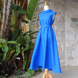 Linen Resort Long Dress Roll Color Classic Dress Royal Ocean Blu 第7張的照片