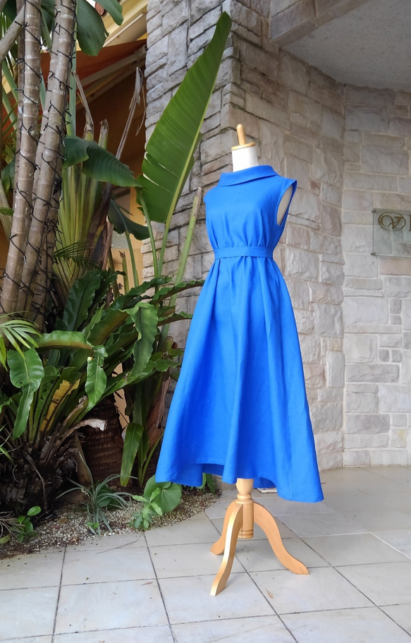 Linen Resort Long Dress Roll Color Classic Dress Royal Ocean Blu 第7張的照片