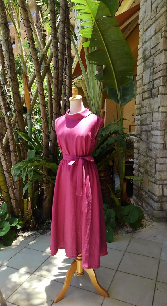 亞麻度假區長禮服卷顏色古典洋紅色粉紅色 第8張的照片