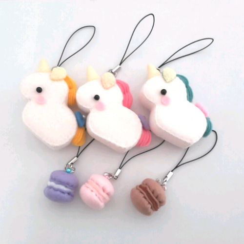 フェルトストラップ☆ミニユニコーンとマカロン 各1個 雑貨・その他