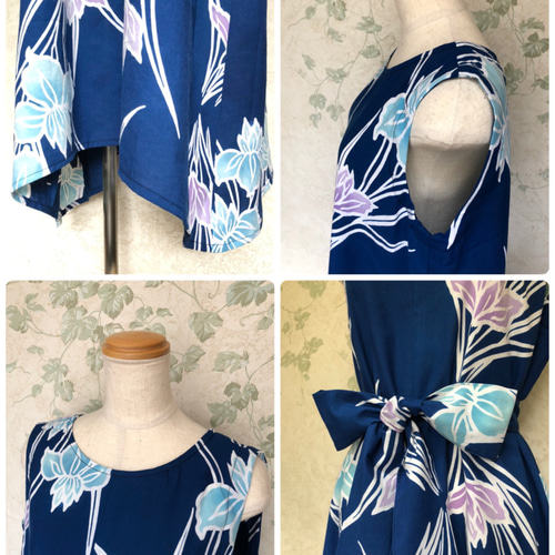 浴衣リメイク Aラインワンピース 大柄白菊×黒地 ロング丈 ノースリーブ 浴衣リメイク Aラインワンピース 大柄白菊×黒地 ロング丈