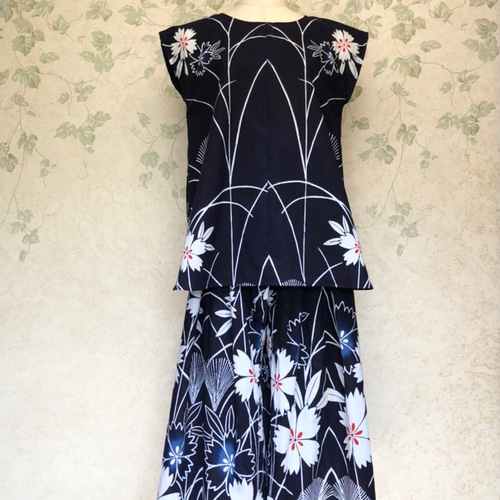 浴衣リメイク】タックラップパンツのセットアップ フレンチスリーブ