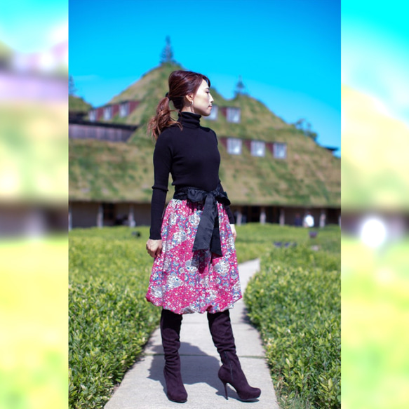 【着物リメイク】花柄バルーンスカート 2枚目の画像