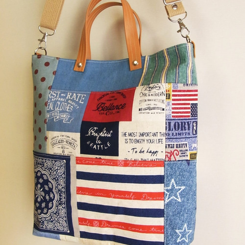 パッチワークサイドポケット付き２wayトートバック パッチワークポケット付きバック パッチワークサイドポケット付き2way