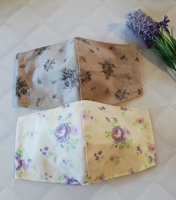 花柄】美しく上品な花柄の立体マスク ホワイト&パープル セピア 手作り 