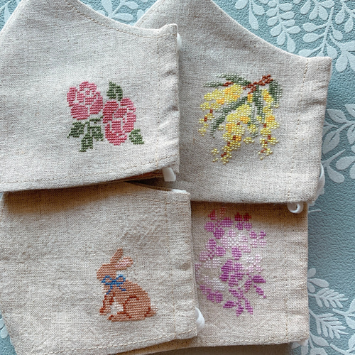 マスク手刺繍 リネンマスクカバー 手刺繍 ナチュラルガーデン マスクカバー
