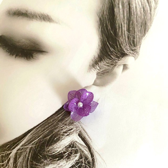 小ぶり紫陽花の一粒ピアスorイヤリング◎紫　パープル　すみれ色 1枚目の画像