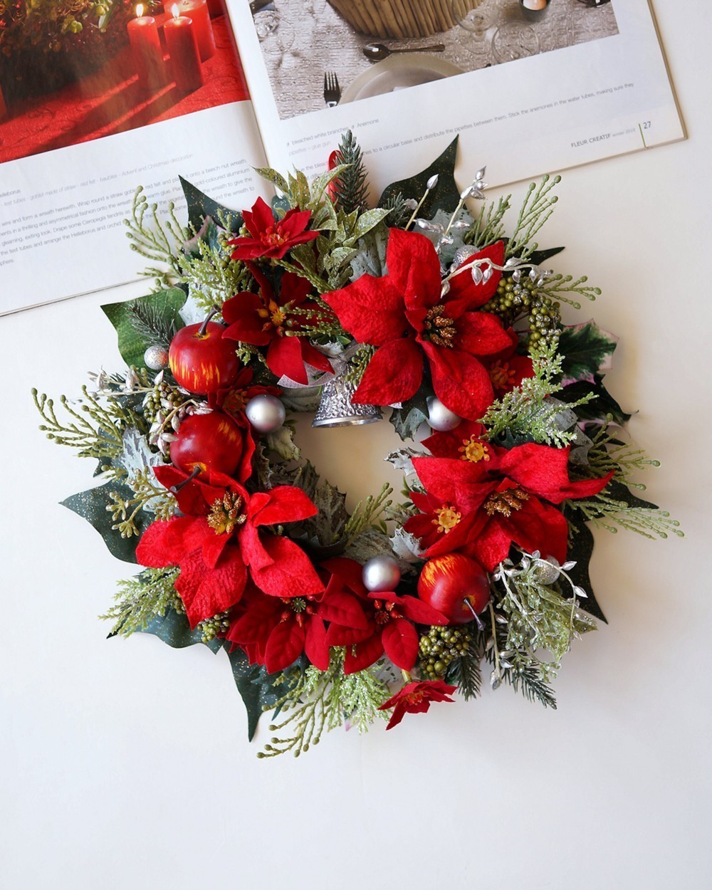 アートフラワー クリスマスリース クリスマスギフト シルバーとホワイトの輝き