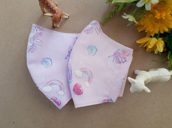 【限定再販】夏用　キッズサイズ立体マスク　ユニコーン・スイーツ柄ピンク&紫　2枚セット 2枚目の画像