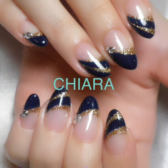 ネイルチップ フレンチ 薔薇 ピクシー ネイビー no.7]ラメデザインフレンチ/ネイビー/ネイル/お呼ばれ/スワロ/上品