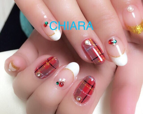 no.44]赤フレンチチェックネイル/クリスマス/ホワイト/スワロフスキー