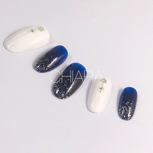 no.504]ネイビーとホワイトのスノーネイル/ブライダル/成人式/冬ネイル  